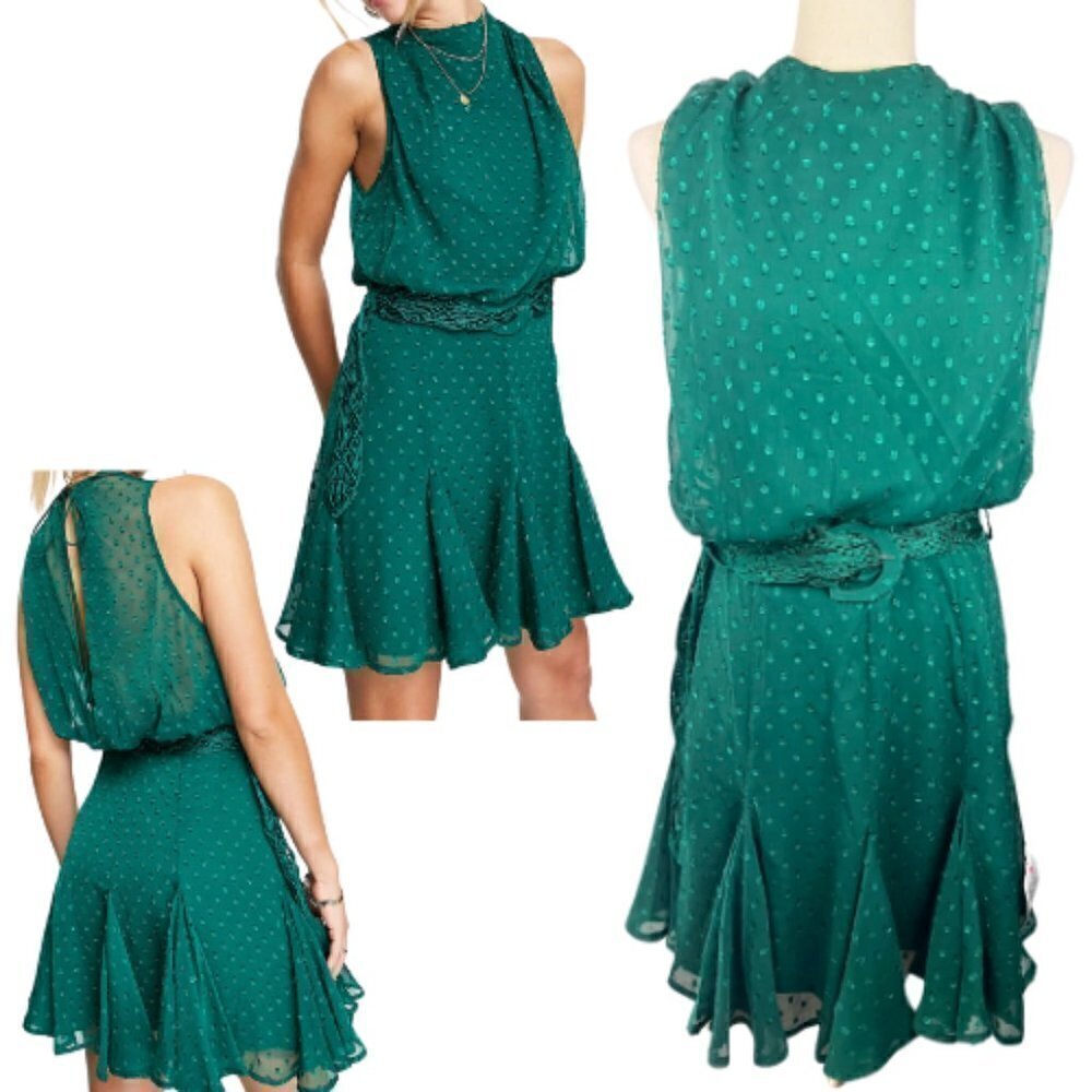 ASOS Green Spotted High Neck Tie Waist Flippy Mini Dress Size 8